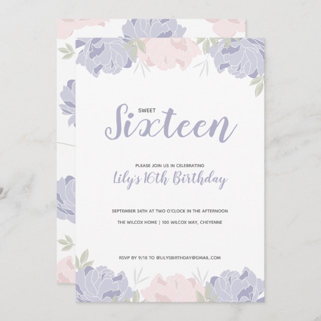 Convites Rosa e Púrpura Doce 16 Festa de aniversário (Frente/Verso)