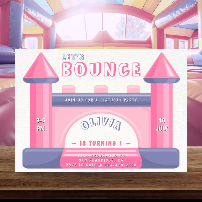 Convites Rosa e Roxo da Festa de aniversario de meninas da  (Bounce House Birthday Party Pink & Purple Invitation
)