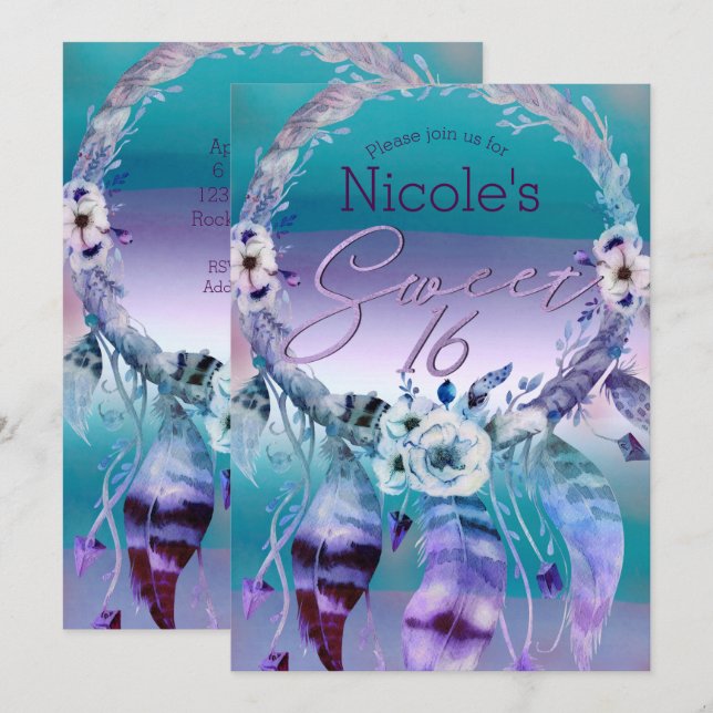 Convites Rosa e Turquesa Dream Catcher Boho Festa Doce 16 A (Frente/Verso)