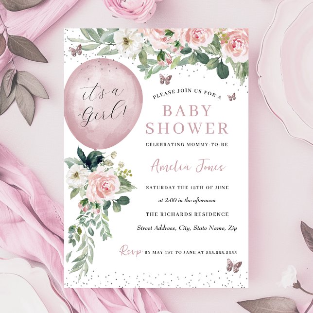 Convites Rosa É um Chá de fraldas de Borboleta Balão-Rapari (Criador carregado)