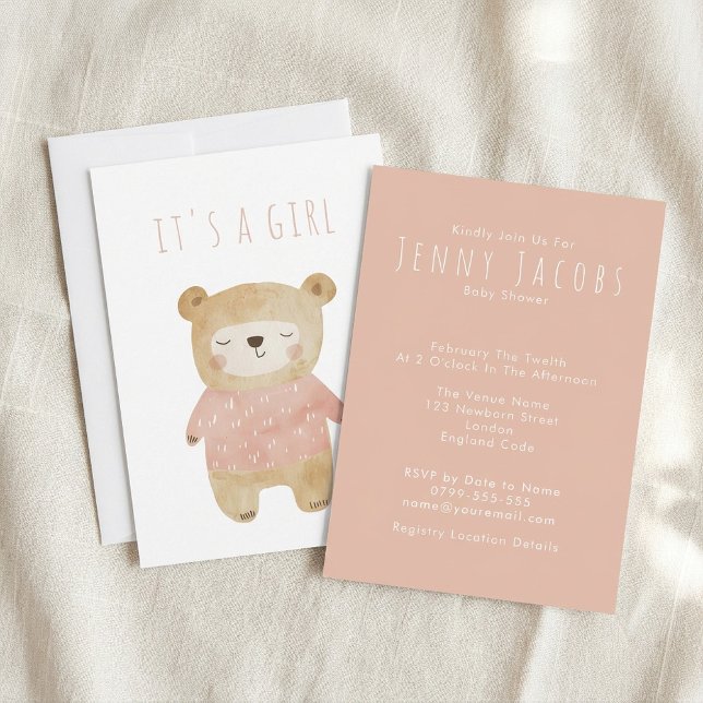 Convites Rosa É um Chá de fraldas de Urso Bonito de Aquarel (Pink It’s a Girl Watercolor cute Bear Baby Shower Invitation)