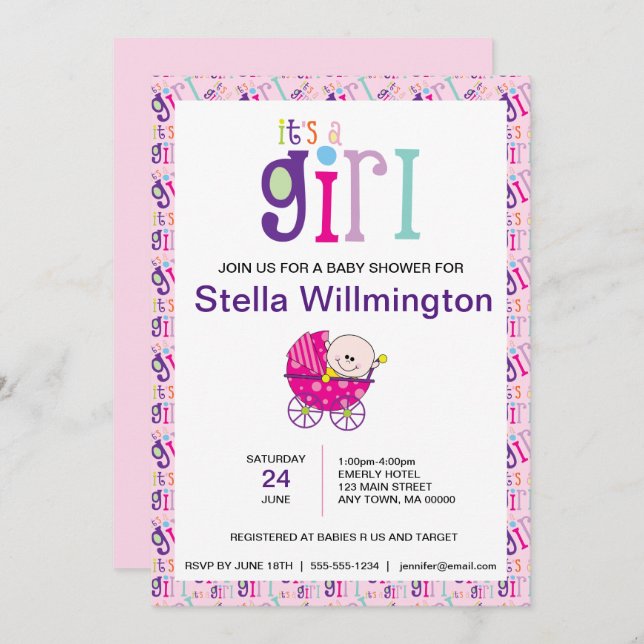 Convites Rosa É um Padrão de Bolinhas de Carruagem para beb (Frente/Verso)