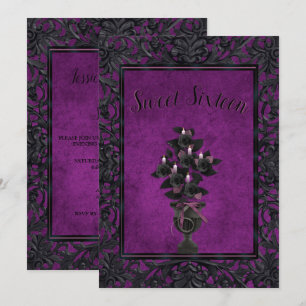 Convites Rosa e Velas Pretas de Quadro Gótico Roxo Doce 16
