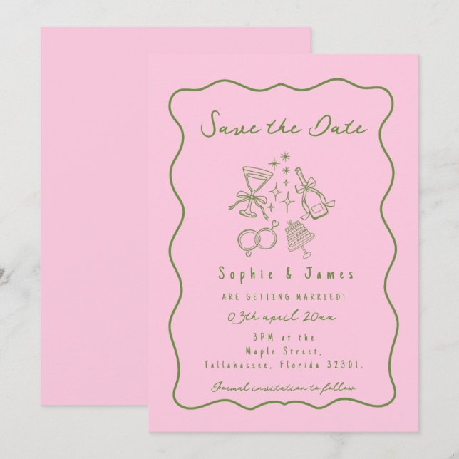 Convites rosa e verde Casamento Moderno Doodle Caprichoso (Frente/Verso)