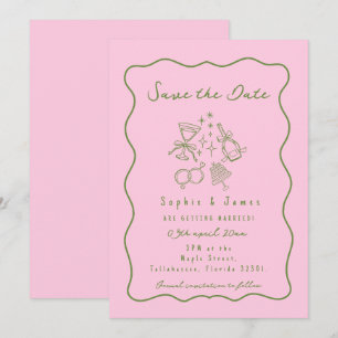 Convites rosa e verde Casamento Moderno Doodle Caprichoso