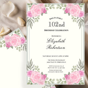 Convites Rosa e Verde Sage Floral 102º Aniversário
