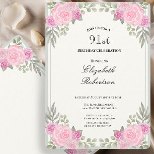 Convites Rosa e Verde Sage Floral 91º Aniversário