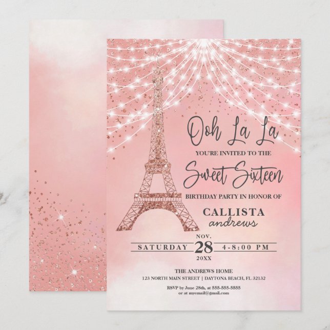 Convites Rosa Eiffel Tower Glitter Sparkles Luzes Doce 16 (Frente/Verso)