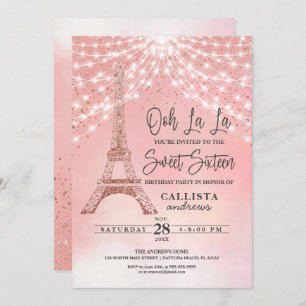 Convites Rosa Eiffel Tower Glitter Sparkles Luzes Doce 16