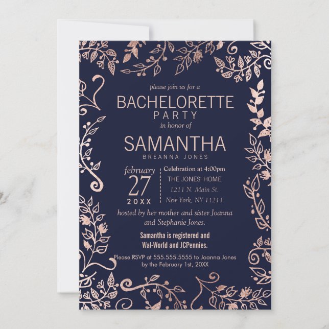 Convites Rosa elegante Bachelorette floral Dourado dos (Frente)