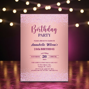 Convites Rosa Elegante com Brilho Metálico Rosa Aniversário
