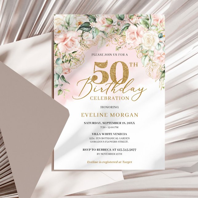 Convites Rosa Elegante de ouro verde rosa claro 50º anivers (Bohemian Blush roses eucalyptus gold 50th birthday invitation digital )