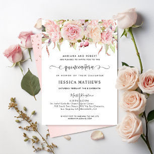 Convites Rosa Elegante, Rosa Esbranquiçada, Quinceañera
