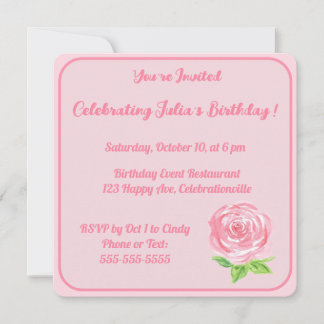 Convites Rosa em aquarela pintada à mão FELIZ ANIVERSÁRIO