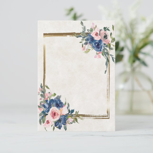 Convites Rosa em branco e floral azul com moldura dourada  (Em pé/Frente)