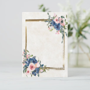 Convites Rosa em branco e floral azul com moldura dourada 