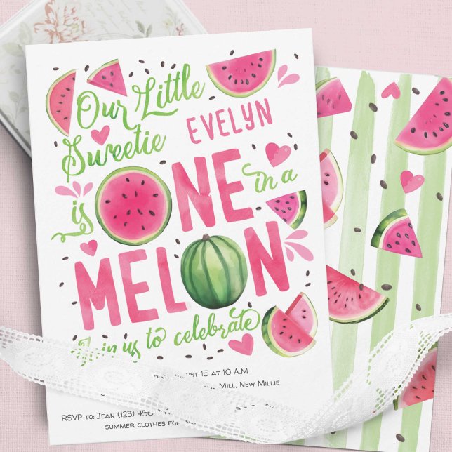 Convites Rosa em Melão, Fruta de Verão, Melancia de Cuta (Summer Adorable  pink Watercolor One In a Melon, Watercolor Themed Girl 1st Birthday Invitations.)