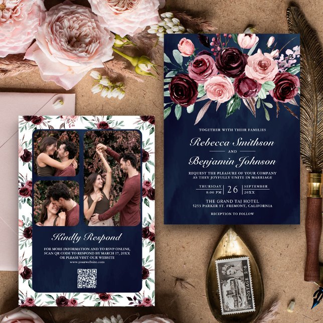 Convites Rosa Empoeirado Borgonha Floral Código QR Casament (Criador carregado)