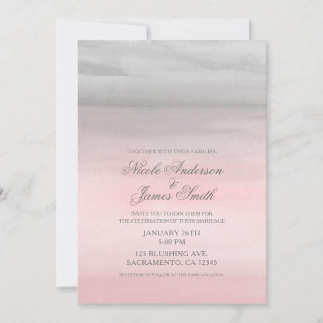 Convites Rosa Enrubescido e Cinza Moderno Casamento Aquarel (Frente)