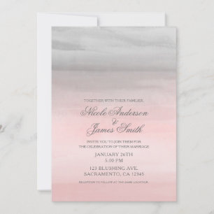 Convites Rosa Enrubescido e Cinza Moderno Casamento Aquarel