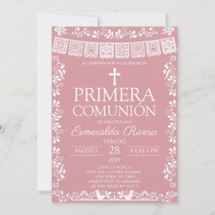 Convites Rosa Enrubescido Papel Picado Primera Comunión
