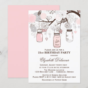 Convites Rosa Esbranquiçada e Cinza Mason Jars Aniversári