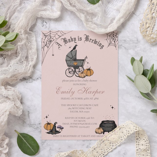 Convites Rosa Esbranquiçado Um Bebê está criando Chá de fra (Elegant and Spooky Victorian Baby Carriage Custom Baby Shower Invitattion in a Chic Blush Pink.)