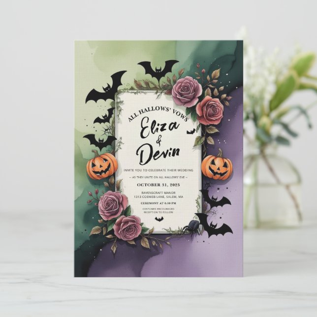 Convites Rosa Escuro Casamento de Halloween Watercolor (Em pé/Frente)