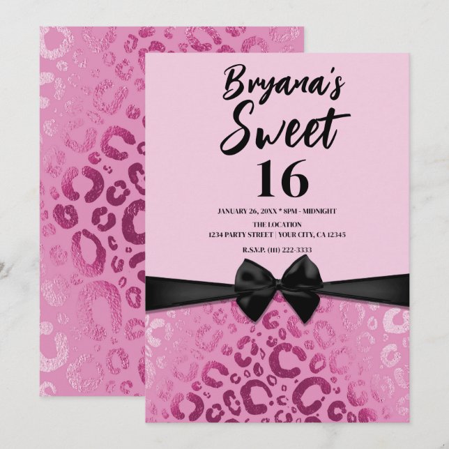 Convites Rosa Escuro & Claro Glam Impressão Leopardo Doce 1 (Frente/Verso)