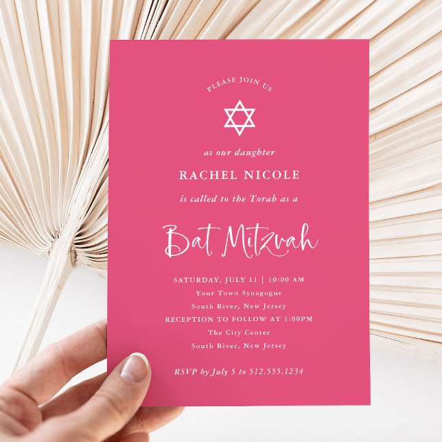 Convites Rosa escuro com caligrafia branca | Bat Mitzvah (A pretty, dark pink Bat Mitzvah invitation with elegant white calligraphy and a Star of David)