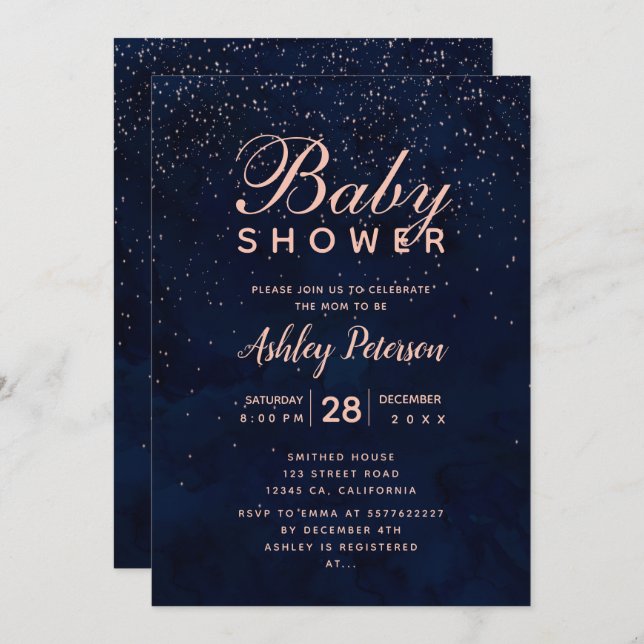 Convites Rosa estrelas marinho  chá de fraldas de aquarela  (Frente/Verso)