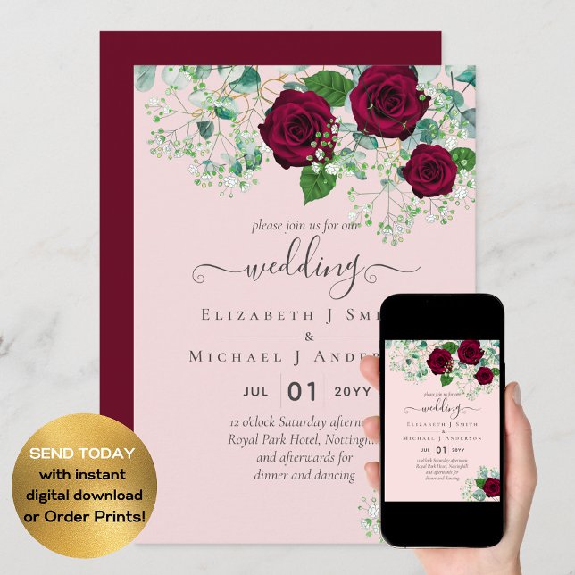 Convites ROSA Eucalyptus Weding BUDGET Burgundy (Criador carregado)