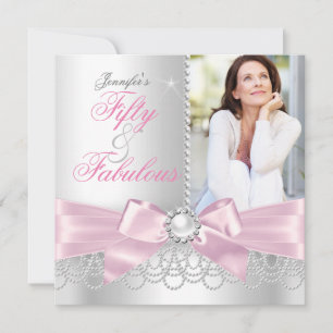 Convites Rosa Fabuloso 50 Laço branco Pérolas Foto Aniversá