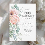 Convites Rosa Feminina e Beige Floral 60ª Festa de aniversá<br><div class="desc">Um convite de festas lindamente feminino para celebrar o 60º aniversário em estilo elegante, este charmoso design floral de aquarela é bordado de rosas cor-de-rosa e pêssego e papoilas com adoráveis paisagens de eucalipto verde. Todo o texto pode ser personalizado para o seu partido, incluindo a idade do convidado de...</div>