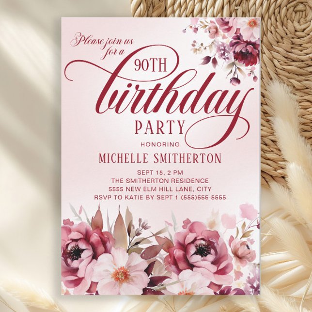 Convites Rosa Feminino Borgonha Floral 90º Aniversário (Burgundy and pink watercolor floral 90th birthday party invitation)