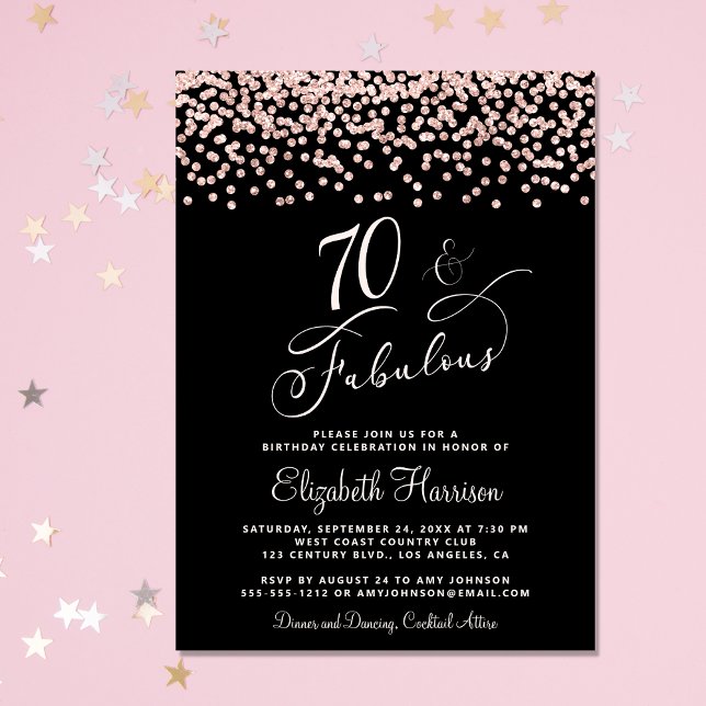 Convites Rosa Festa de aniversário 70 Dourada Brilho preto (Celebrate her 70 years of sparkle with an elegant glitter birthday party invitation )