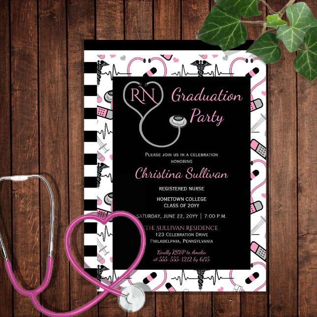 Convites Rosa | Festa de formatura de Enfermeira Médica Neg (Pink and Black Medical Nurse Nursing Graduation Party Invitation - Print and/or Download)