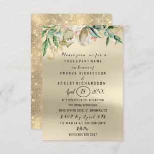 Convites Rosa Flor Brunei Verde Dourada Watercolor Ivory
