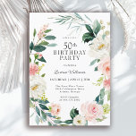 Convites Rosa Floral 50ª Festa de aniversário de Blush Femi<br><div class="desc">Um belamente feminino 50º convite de aniversário enquadrado em uma coroa de rosas de cor-de-água branca e rosa-claro e verde-direita. As combinações de cores são femininas e alegres para preparar seus convidados para uma feliz celebração. Personalize com seus detalhes de evento substituindo o texto de exemplo mostrado no modelo de...</div>