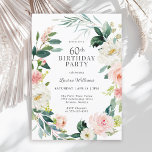 Convites Rosa Floral 60ª Festa de aniversário de Blush Femi<br><div class="desc">Um belamente feminino 60º convite de aniversário enquadrado em uma coroa de rosas de cor-de-água branca e rosa-claro e verde-direita. As combinações de cores são femininas e alegres para preparar seus convidados para uma feliz celebração. Personalize com seus detalhes de evento substituindo o texto de exemplo mostrado no modelo de...</div>