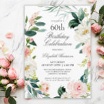 Convites Rosa Floral 60ª Festa de aniversário de Blush Femi<br><div class="desc">Um maravilhosamente feminino 60º convite de aniversário enquadrado em uma coroa de rosas de cor-de-água branca e cor-de-rosa esbranquiçada e verde-direita. As combinações de cores são femininas e alegres para preparar seus convidados para uma feliz celebração. Personalize com seus detalhes de evento substituindo o texto de exemplo mostrado no modelo...</div>