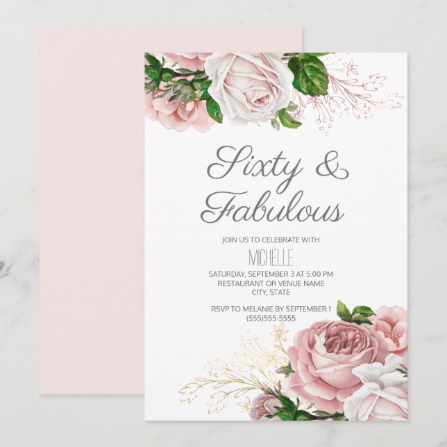 Convites Rosa Floral 60 e Fabuloso Aniversário (Frente/Verso)