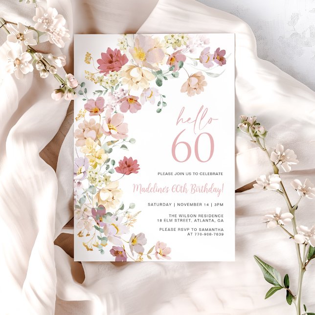Convites Rosa Floral Aniversário de 60 anos (Criador carregado)