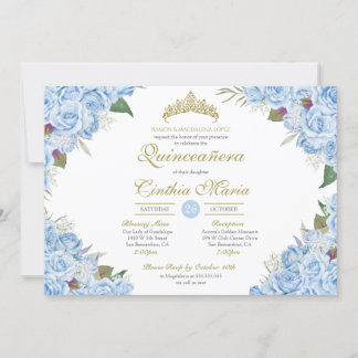Convites Rosa Floral Azul Claro Cinderela Quinceanera