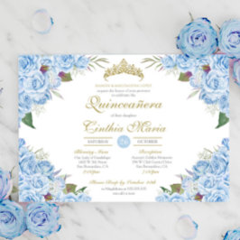 Convites Rosa Floral Azul Claro Cinderela Quinceanera