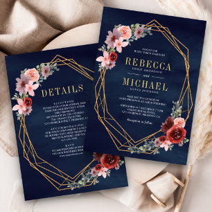 Convites Rosa Floral Borgonha Dourado Tudo em Um Casamento