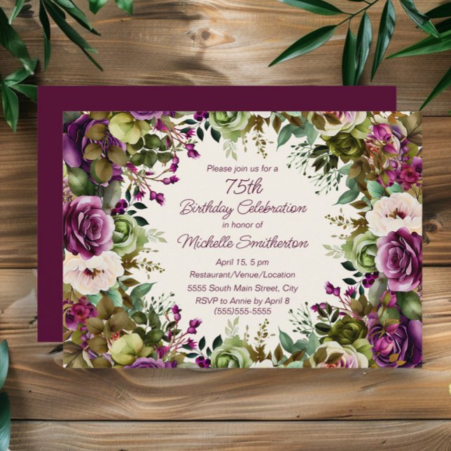 Convites Rosa Floral Botânico 75º Aniversário (Elegant purple watercolor floral 75th birthday party invitation)
