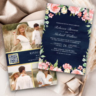 Convites Rosa Floral Código QR Foto Azul Marinho Casamento