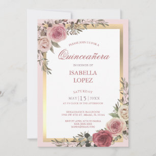 Convites Rosa Floral Cor-de-Rosa Dourada Quinceañera Convi