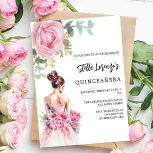 Convites Rosa floral cor-de-rosa Quinceanera luxo